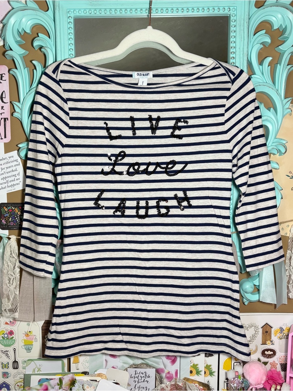 Old Navy Breton Stripe Sequin Live Love Laugh Top Shirt Women’s Small Navy Beige